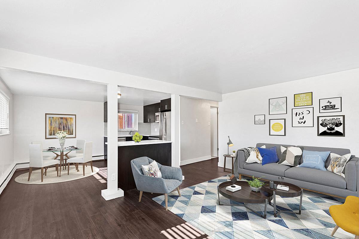 a living room with a couch and a table